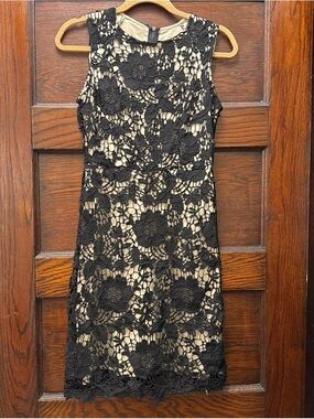 Sleeveless Black Floral Lace Midi Dress with Nude Lining